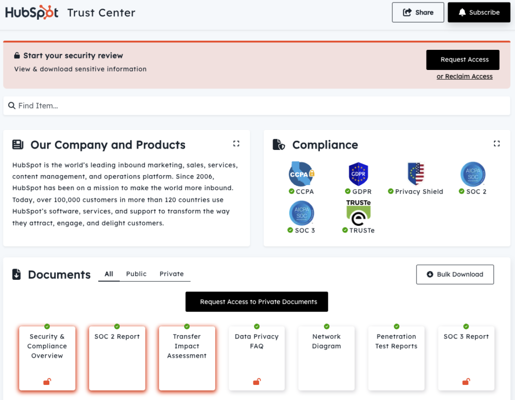 A screenshot of Hubspot's Trust Center page featured on their website.